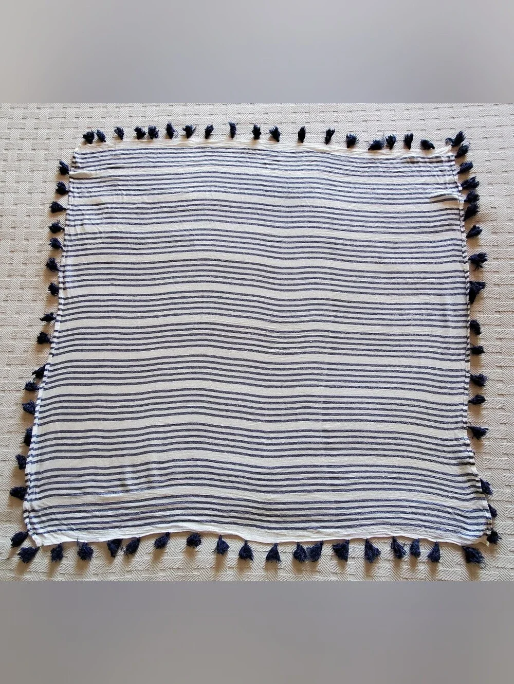 Scarf Set Blue White Stripe Cotton Long Rectangle & Flouncy Tassel Scarf